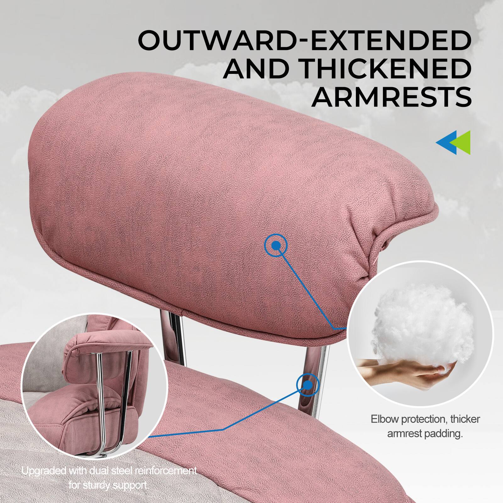 OUTWARD-EXTENDED AND THICKENED ARMRESTS

- Elbow protection, thicker armrest padding.
- Upgraded with dual steel reinforcement for sturdy support.