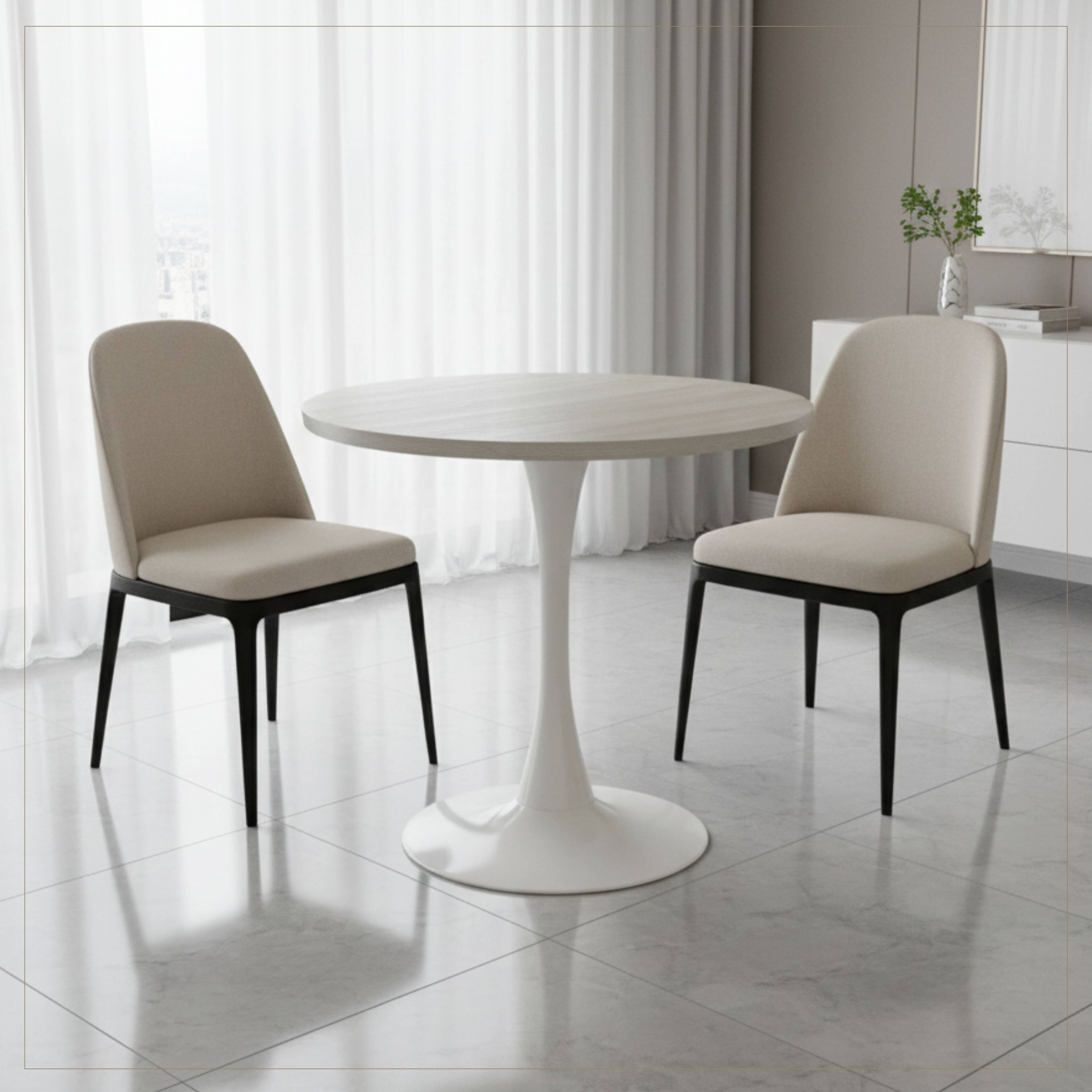 Left. LeisureMod - Bristol 36" Round Contemporary Dining Table - MDF Circular Top & White Metal Pedestal Base for Kitchens - MDF - Light Natural.