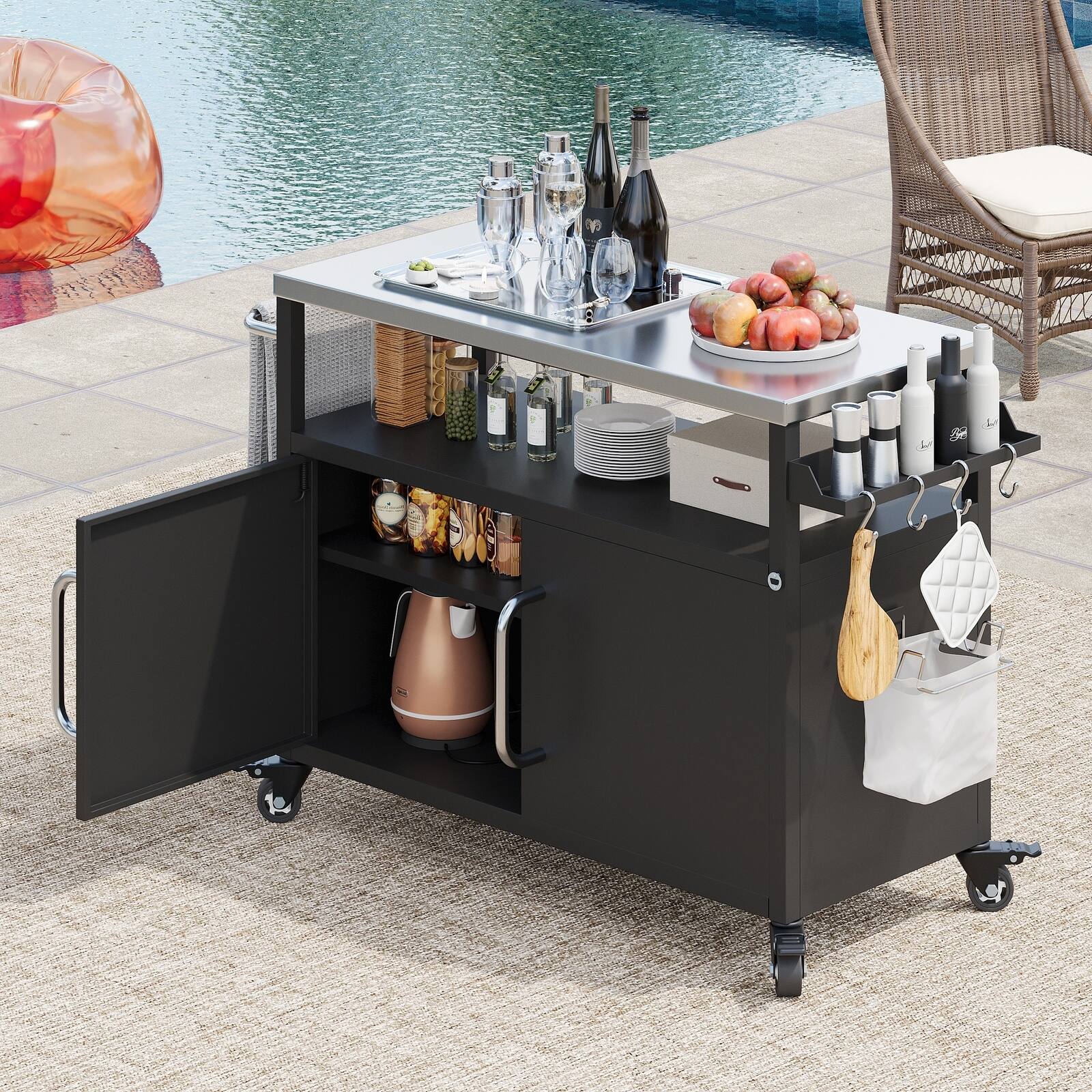 Back. Spaco - Spaco 54.5" Outdoor Kitchen Island with Stainless Steel Tabletop,with Storage Cabinet, Spice Rack and Towel Rack - Black.