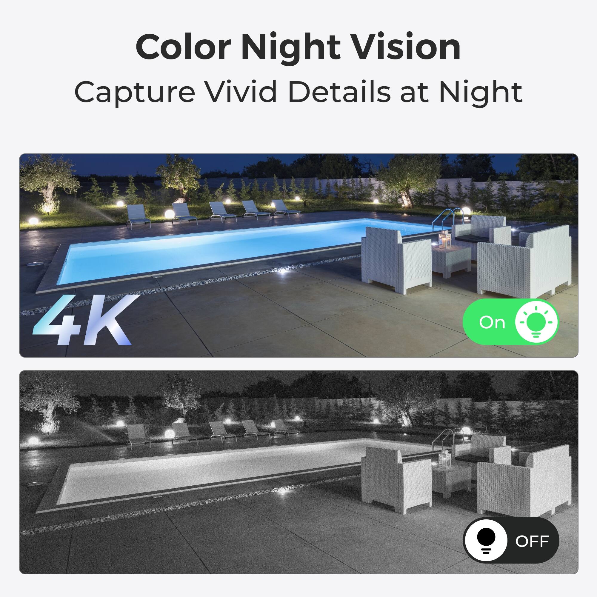Color Night Vision  
Capture Vivid Details at Night

4K  
On  
OFF