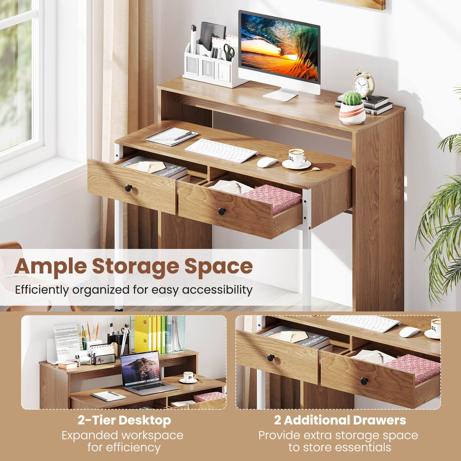 Ample Storage Space Efficiently organized for easy accessibility

2-Tier Desktop Expanded workspace for efficiency

2 Additional Drawers Provide extra storage space to store essentials