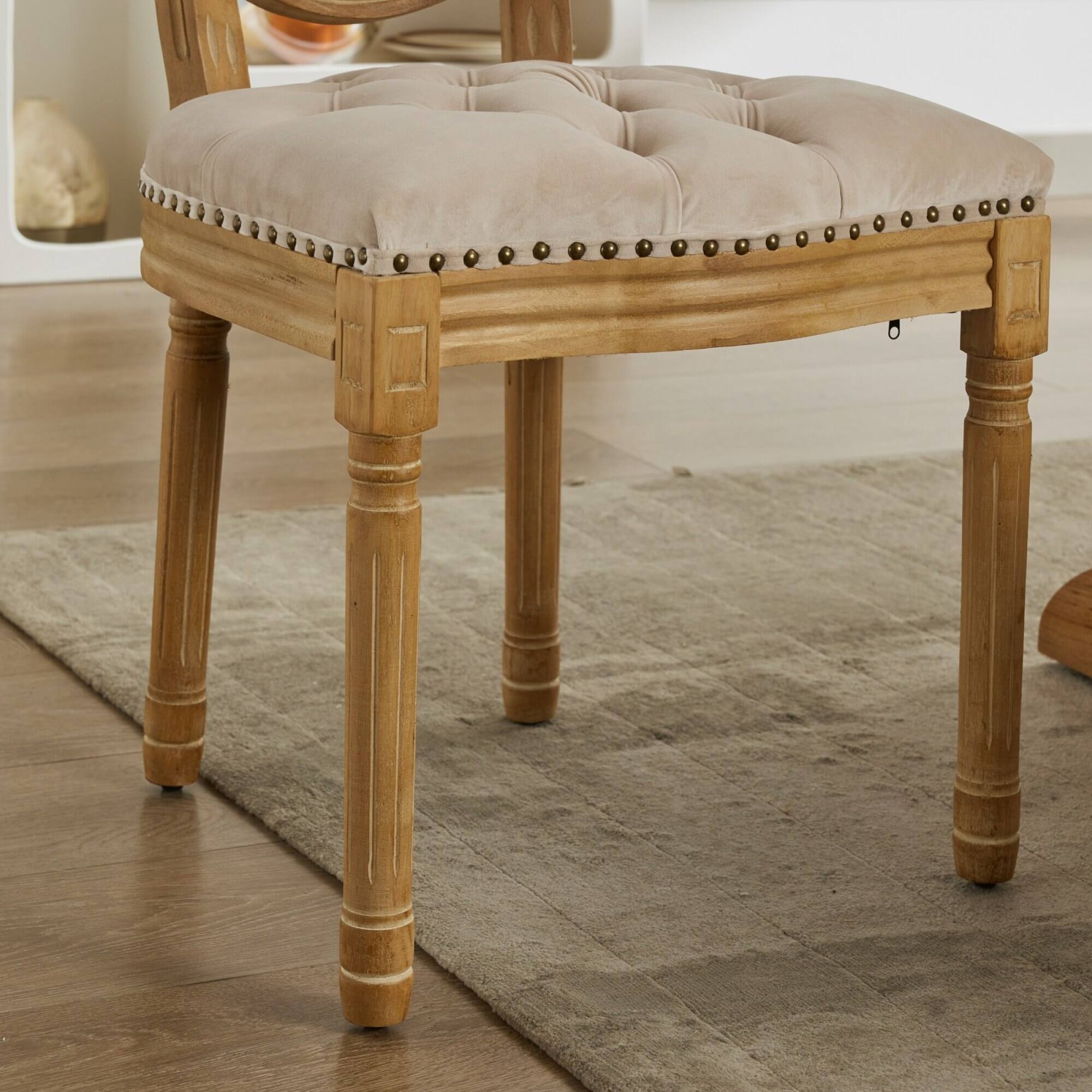 Alt View 8. GOODSILO - French Style Solid Wood Frame Antique Dining Chairs with Hand-Pulled Buckle Decoration and Nailhead Trim, Set of 2 - Beige.