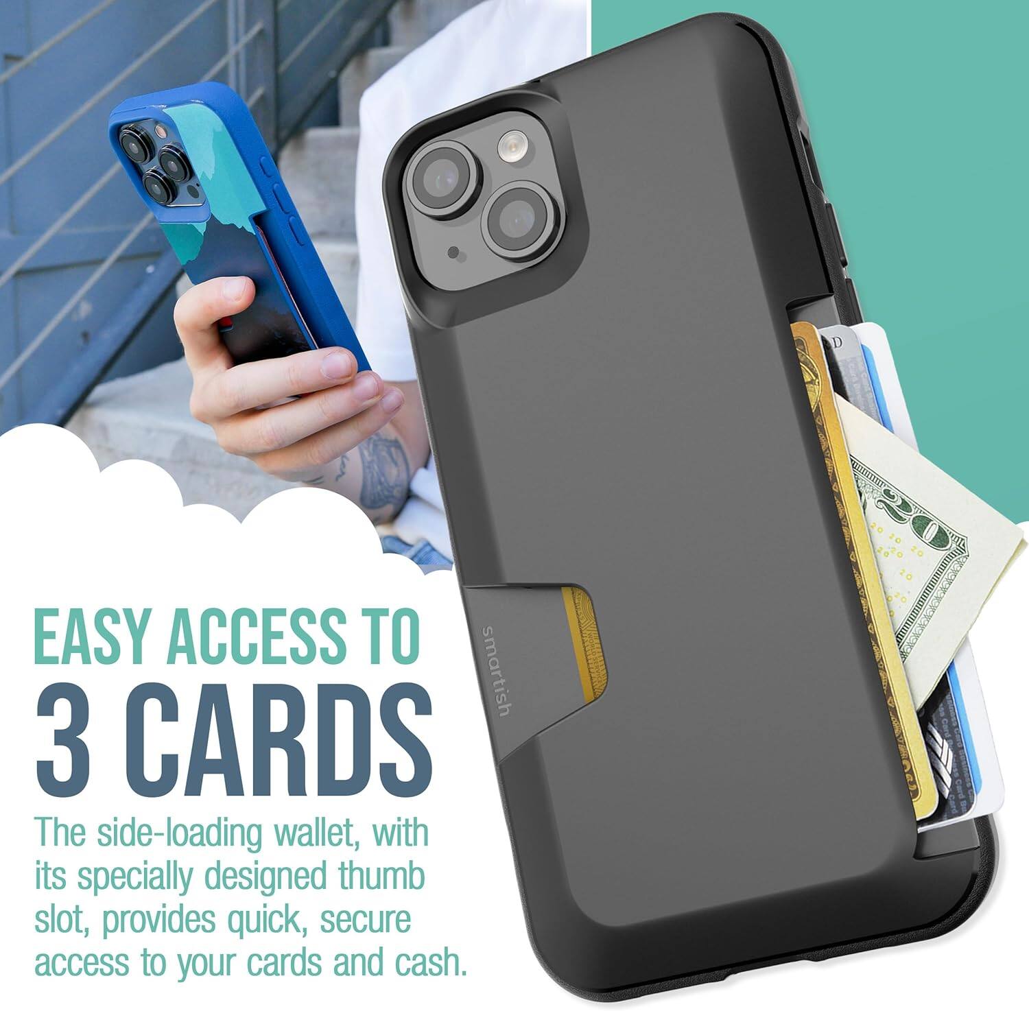 EASY ACCESS TO 3 CARDS

The side-loading wallet, with its specially designed thumb slot, provides quick, secure access to your cards and cash.
