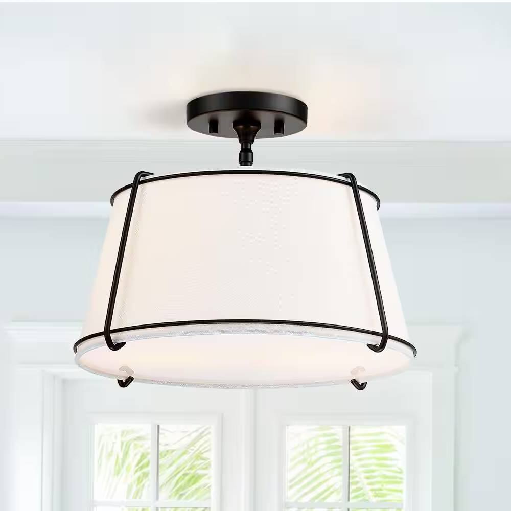 Angle. Hivvago - 2-Light Round 15-inch White Drum Ceiling Light w/ Black Metal - Semi-Flush Mount - White.