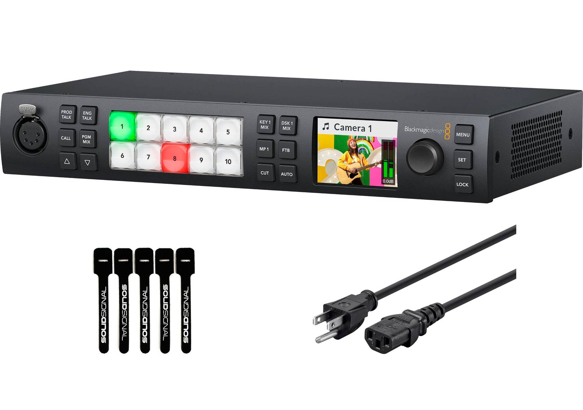 SUSM 1 1 1 PROD TALK CALL ENG TALK PGM MD 1 6 2 7 3 8 4 9 5 10 KEY 1 MIX MP 1 CUT OSK MIX FTB AUTO Camera 1 Blackmagicdesign 00 MENU SET li 0.008 LOCK SOUDSIGNAL SOLIDSIGNAL SOUDSIGNAL SOLDSIGNAL SOUDSIGNAL
