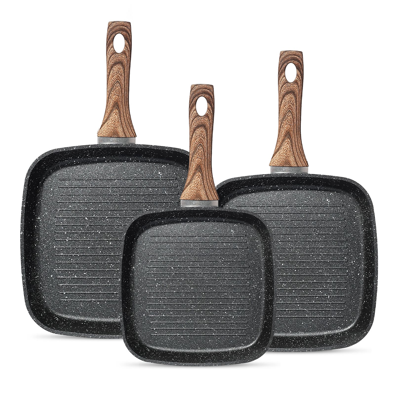 Anysun - 3-Piece Nonstick Square Frying Pan Set - Stay Cool Handles, PFOA Free. 9.5", 10" & 11" for All Stovetops