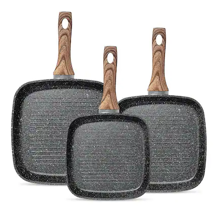 Front. Anysun - 3-Piece Nonstick Square Frying Pan Set - Stay Cool Handles, PFOA Free. 9.5", 10" & 11" for All Stovetops.