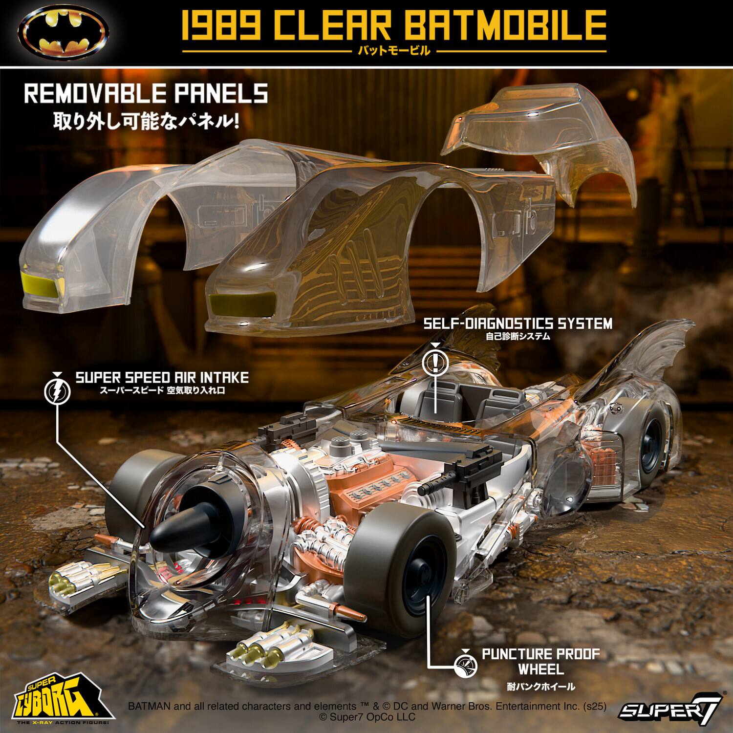 1989 CLEAR BATMOBILE

REMOVABLE PANELS  
取り外し可能なパネル！

SELF-DIAGNOSTICS SYSTEM  
自修診断システム

SUPER SPEED AIR INTAKE  
スーパースピード空気取り入れ口

PUNCTURE PROOF WHEEL  
耐パンクホイール

BATMAN and all related characters and elements TM & © DC and Warner Bros. Entertainment Inc. (s25)  
Super7 OpCo LLC

SUPER7 ACTION FIGURES