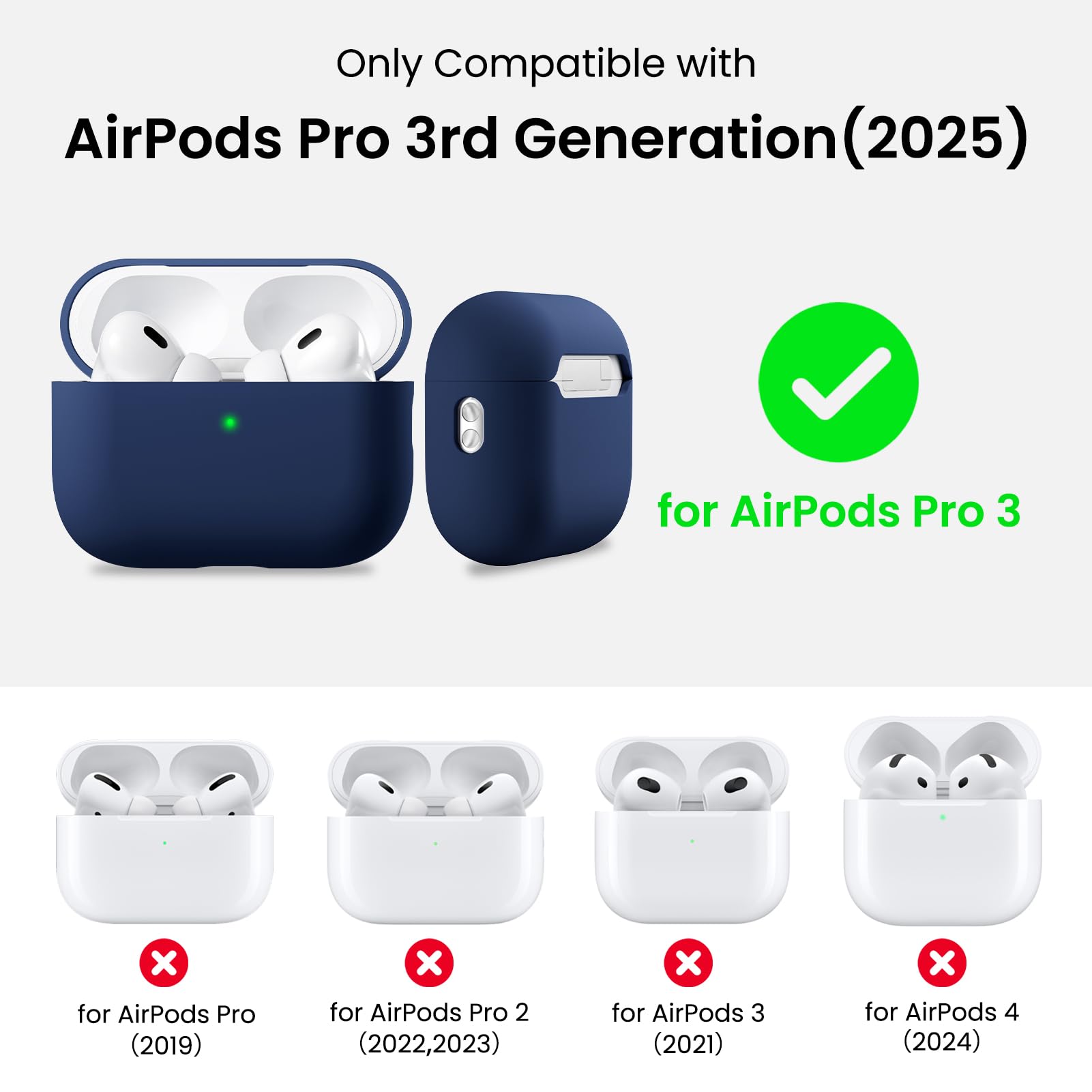Only Compatible with  
AirPods Pro 3rd Generation (2025)  
for AirPods Pro 3  
for AirPods Pro (2019)  
for AirPods Pro 2 (2022, 2023)  
for AirPods 3 (2021)  
for AirPods 4 (2024)