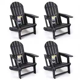 Gymax - Adirondack Chair Set of 4 w/ Cup Holder & Wooden Texture for Lawn Patio - Black