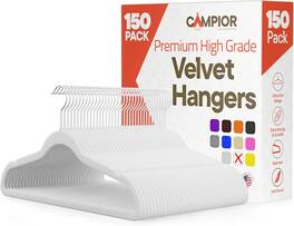 Campior - Velvet Hangers – 150-Pack, 360° Swivel Hook, Non-Slip, Space-Saving, Holds 11 lbs, Smooth Finish - White