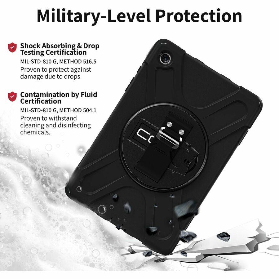 Military-Level Protection

- Shock Absorbing & Drop Testing Certification  
  MIL-STD-810 G, METHOD 516.5  
  Proven to protect against damage due to drops

- Contamination by Fluid Certification  
  MIL-STD-810 G, METHOD 504.1  
  Proven to withstand cleaning and disinfecting chemicals.