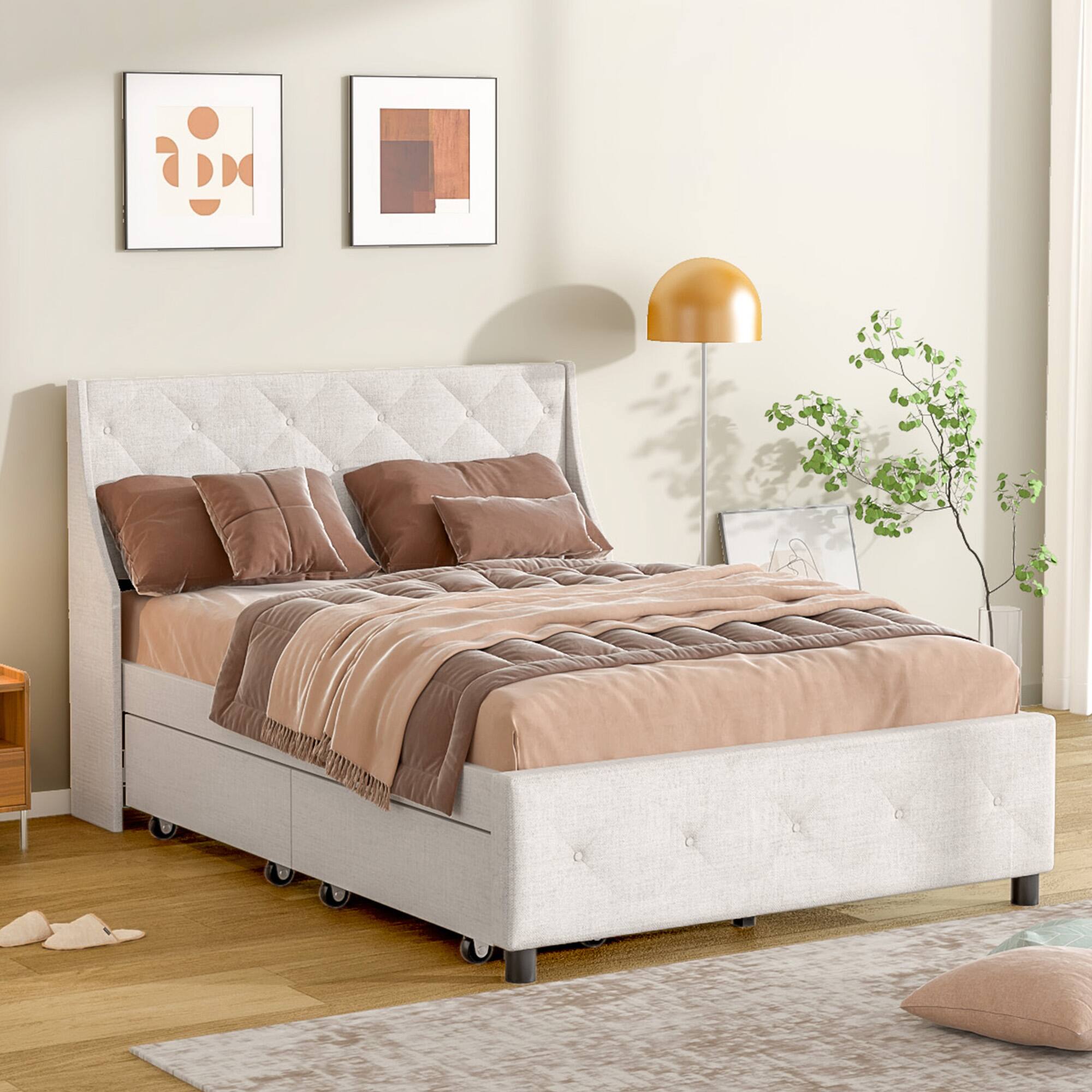 Angle. LUCKY ONE - Queen Size Bed Frame with Storage Headboard - Gray.