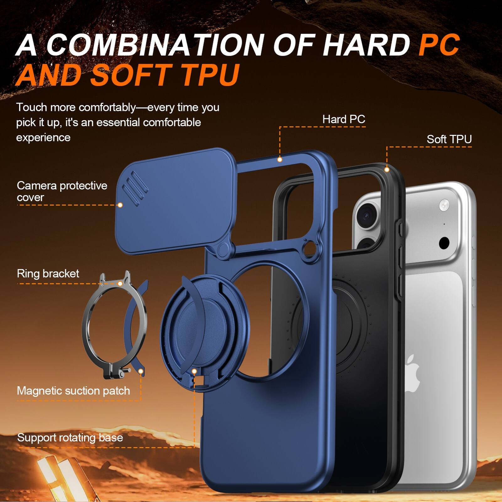 A COMBINATION OF HARD PC AND SOFT TPU

Touch more comfortably—every time you pick it up, it's an essential comfortable experience

Camera protective cover
Ring bracket
Magnetic suction patch
Support rotating base

Hard PC
Soft TPU