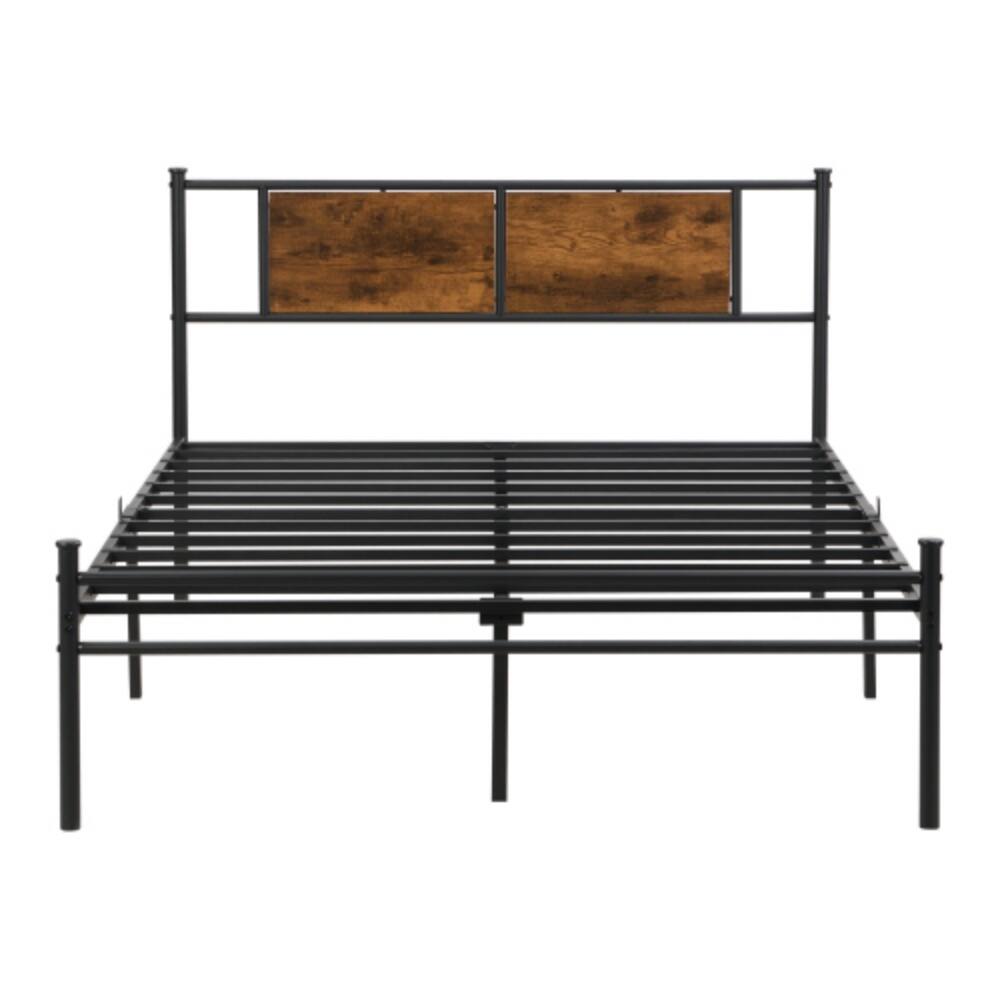 Alt View 4. LUCKY ONE - Full Size Metal Bed Frame with Wood Panel Headboard, Steel Structure, No Box Spring Needed, 10.8in Under-Bed Storage - Black+Brown.