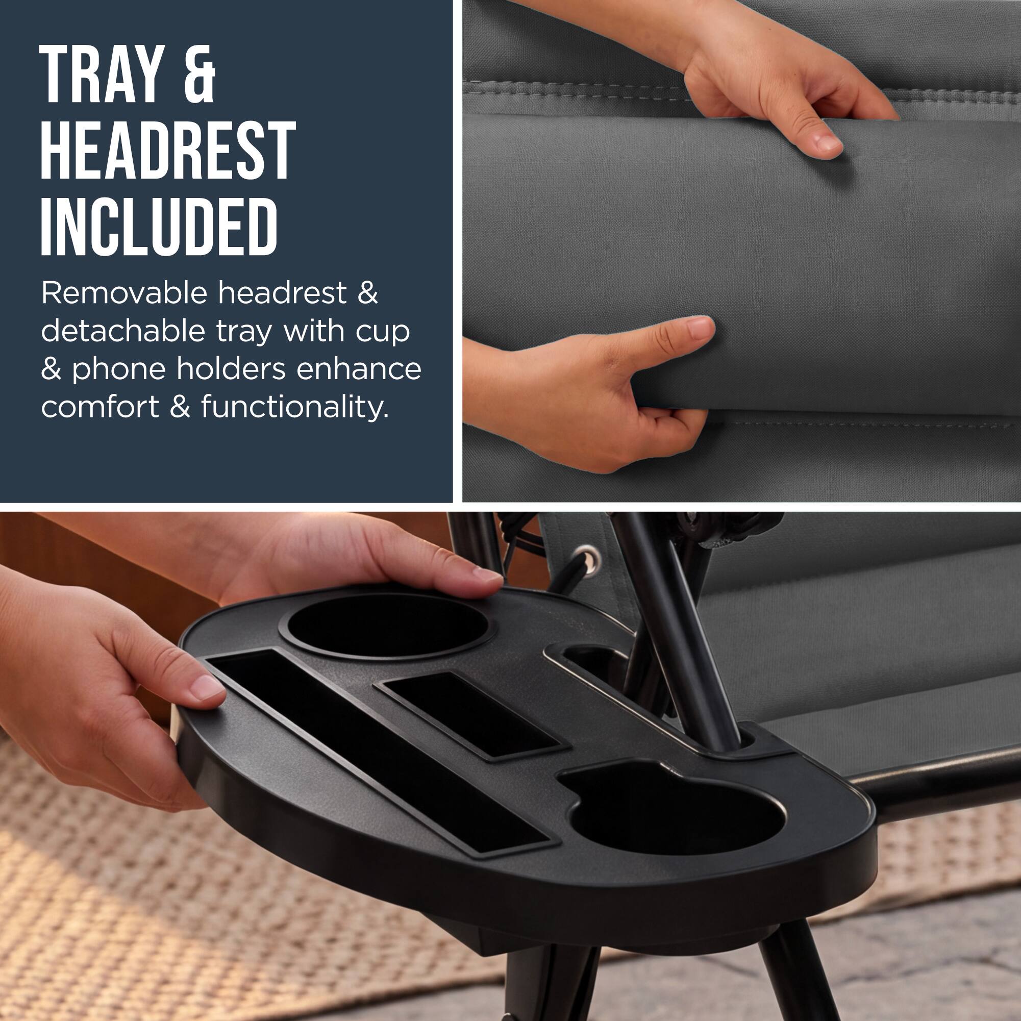 TRAY & HEADREST INCLUDED

Removable headrest & detachable tray with cup & phone holders enhance comfort & functionality.