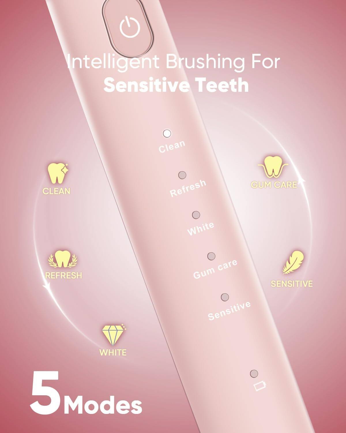 Intelligent Brushing For Sensitive Teeth

5 Modes

- Clean
- Refresh
- White
- Gum care
- Sensitive
- Gum Care
- Sensitive
- White