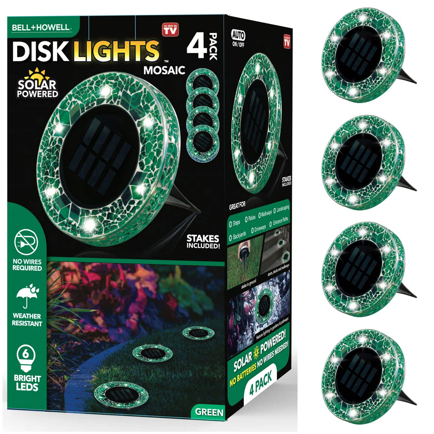 Bell + Howell - 6 LED Round  Mosaic Solar Powered Disk Lights with Auto On/Off - 4 Pack