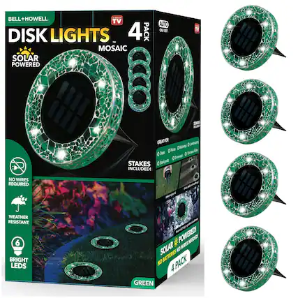 - BELL + HOWELL
- TV DISK LIGHTS 4 PACK
- MOSAIC SOLAR POWERED AUTO ON OFF TV STAKES
- GREAT FOR O Lnoapny Pdes ONkgs A O aa O Seps D prieses STAKES
- STAKES INCLUDED! NO WIRES REQUIRED
- WEATHER RESISTANT
- 6 BRIGHT LEDS
- SOLAR POWERED! NO WIRES NO BATTERIES
- 4 PACK