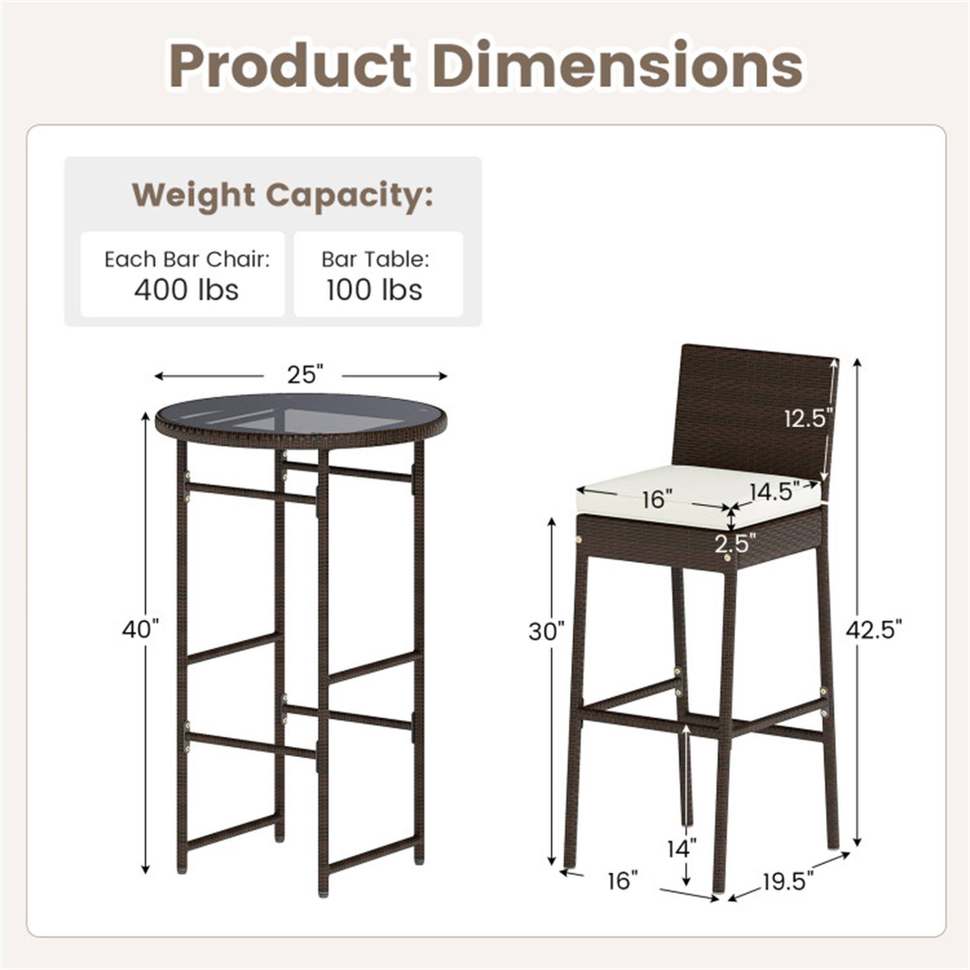 Product Dimensions  
Weight Capacity:  
Each Bar Chair: 400 lbs  
Bar Table: 100 lbs  

- Bar Table:  
  - Diameter: 25"  
  - Height: 40"  
- Bar Chair:  
  - Seat Height: 30"  
  - Seat Depth: 16"  
  - Seat Width: 14.5"  
  - Back Height: 12.5"  
  - Overall Height: 42.5"  
  - Base Width: 16"  
  - Base Depth: 14"  
  - Base Width (with feet): 19.5"