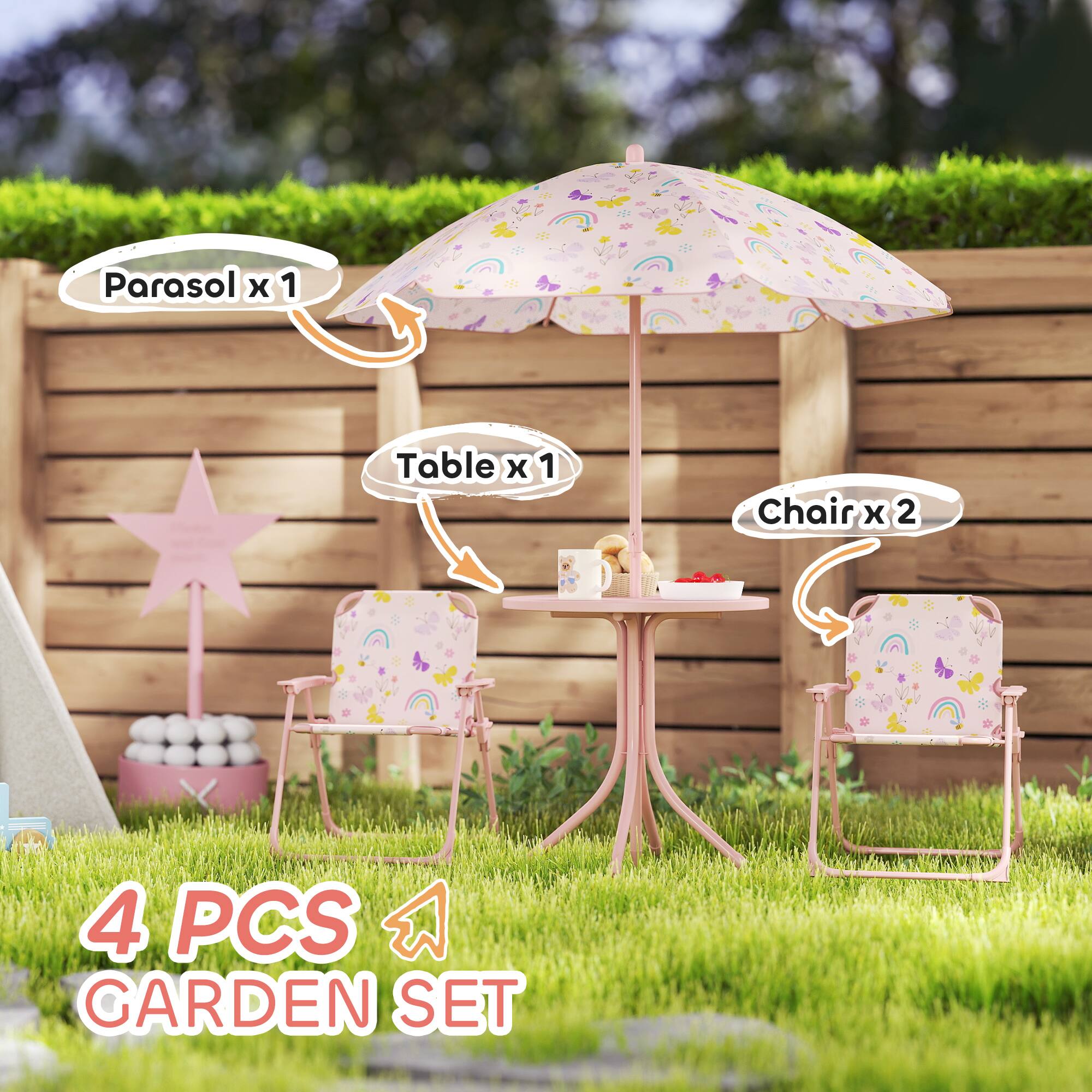 Parasol x 1  
Table x 1  
Chair x 2  

4 PCS GARDEN SET