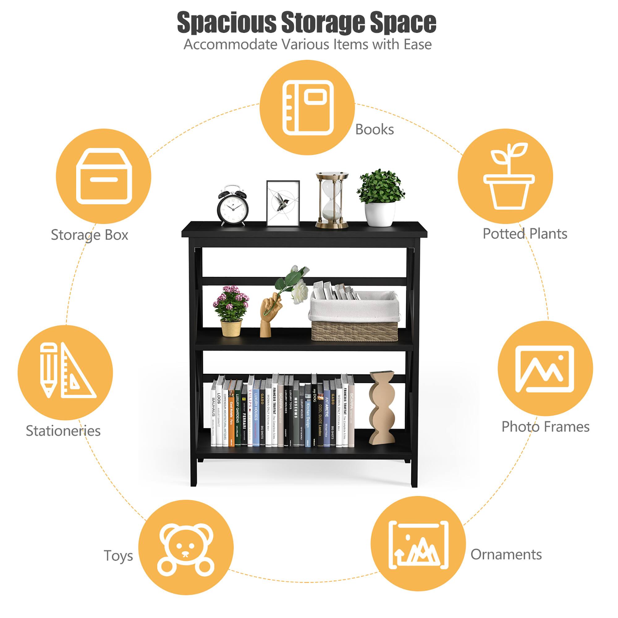 Spacious Storage Space Accommodate Various Items with Ease Books Storage Box Potted Plants Stationeries I ! 7 i | I : I ER : I | .* I | ! i I | I | I I  i : I : ! ! I ! Photo Frames Toys Ornaments