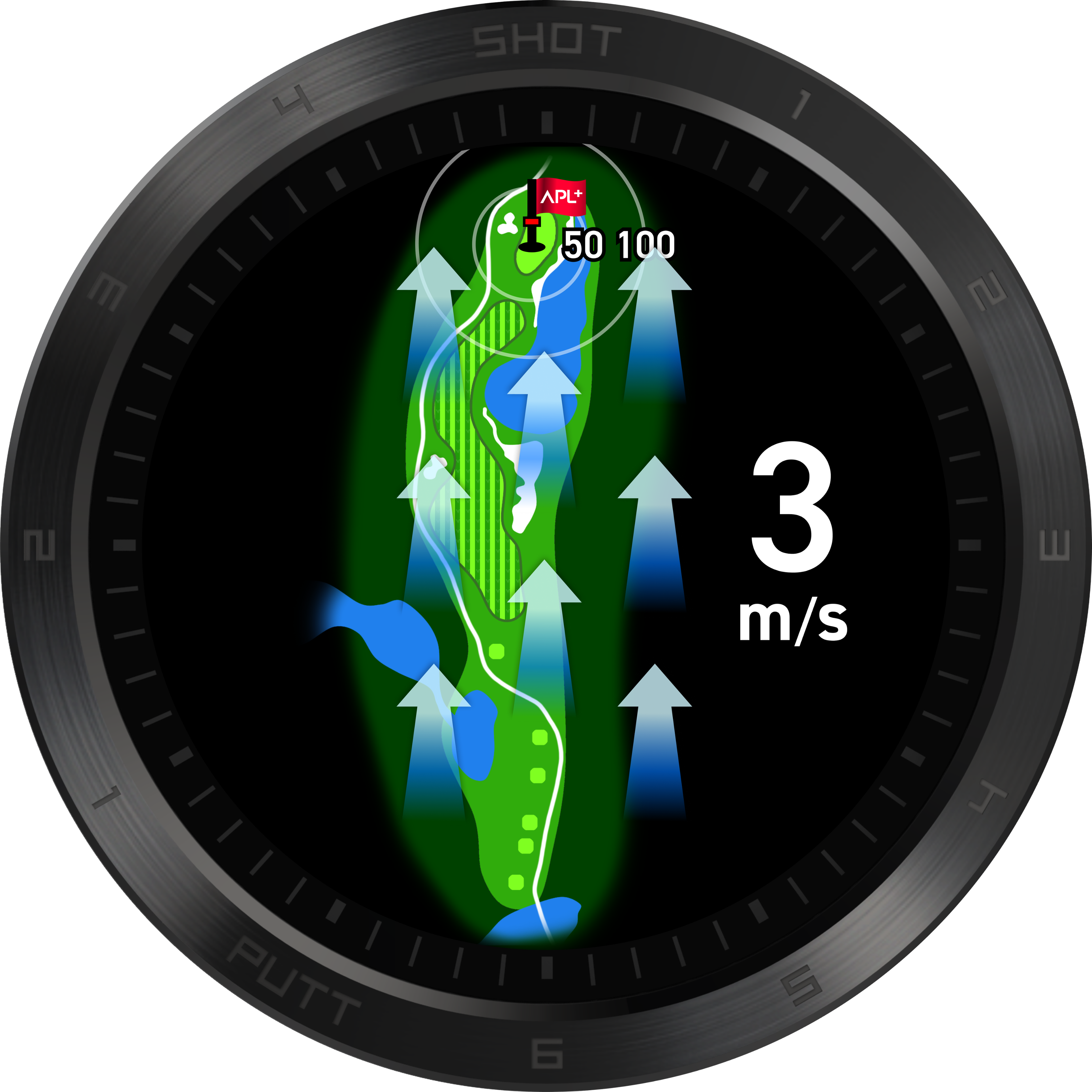 "4 SHOT m APP+ I 50 100 3 m/s PUTT 6 5"