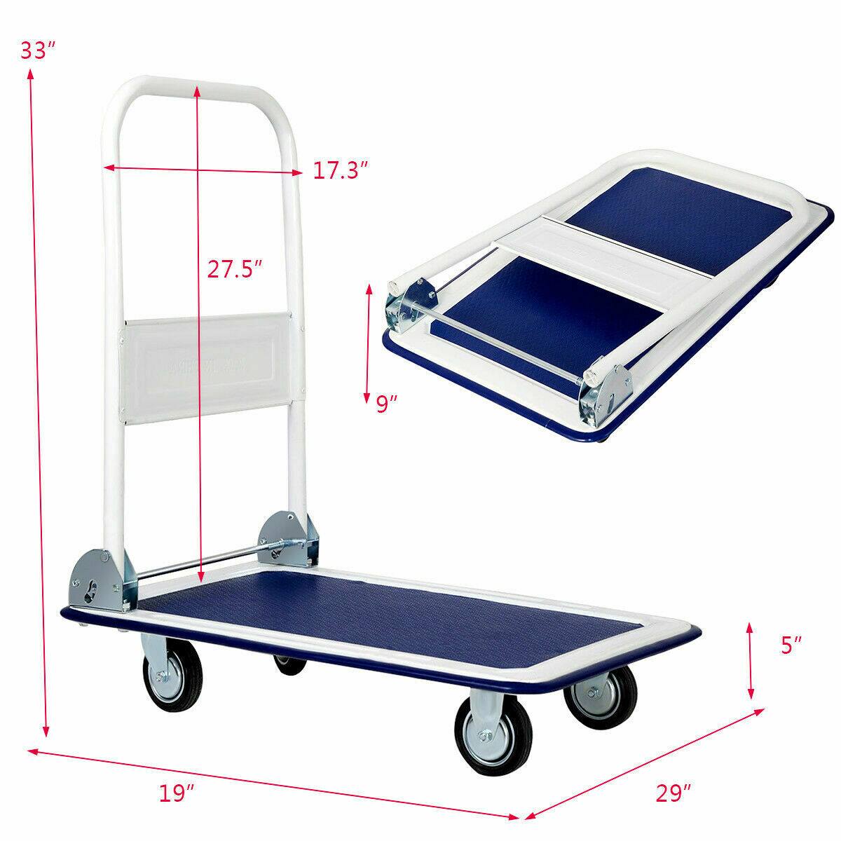 The image shows a cart with a blue tray on it, and it is accompanied by a diagram that provides dimensions for the cart and the tray. The cart is 33 inches tall, and the tray is 17.3 inches wide. The tray is also 27.5 inches long, and it can be folded up to 9 inches in height. The cart is designed to be 19 inches wide and 29 inches long.