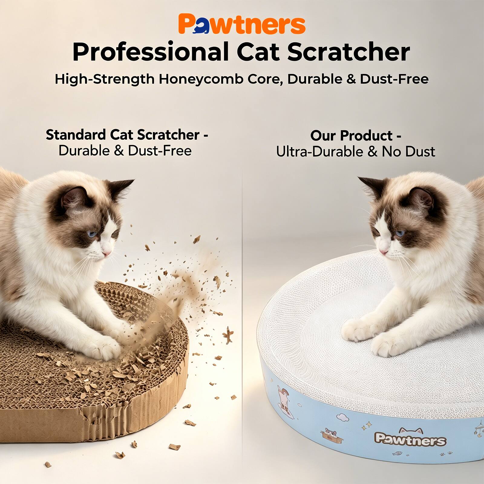 Pawtners Professional Cat Scratcher  
High-Strength Honeycomb Core, Durable & Dust-Free  

Standard Cat Scratcher - Durable & Dust-Free  

Our Product - Ultra-Durable & No Dust