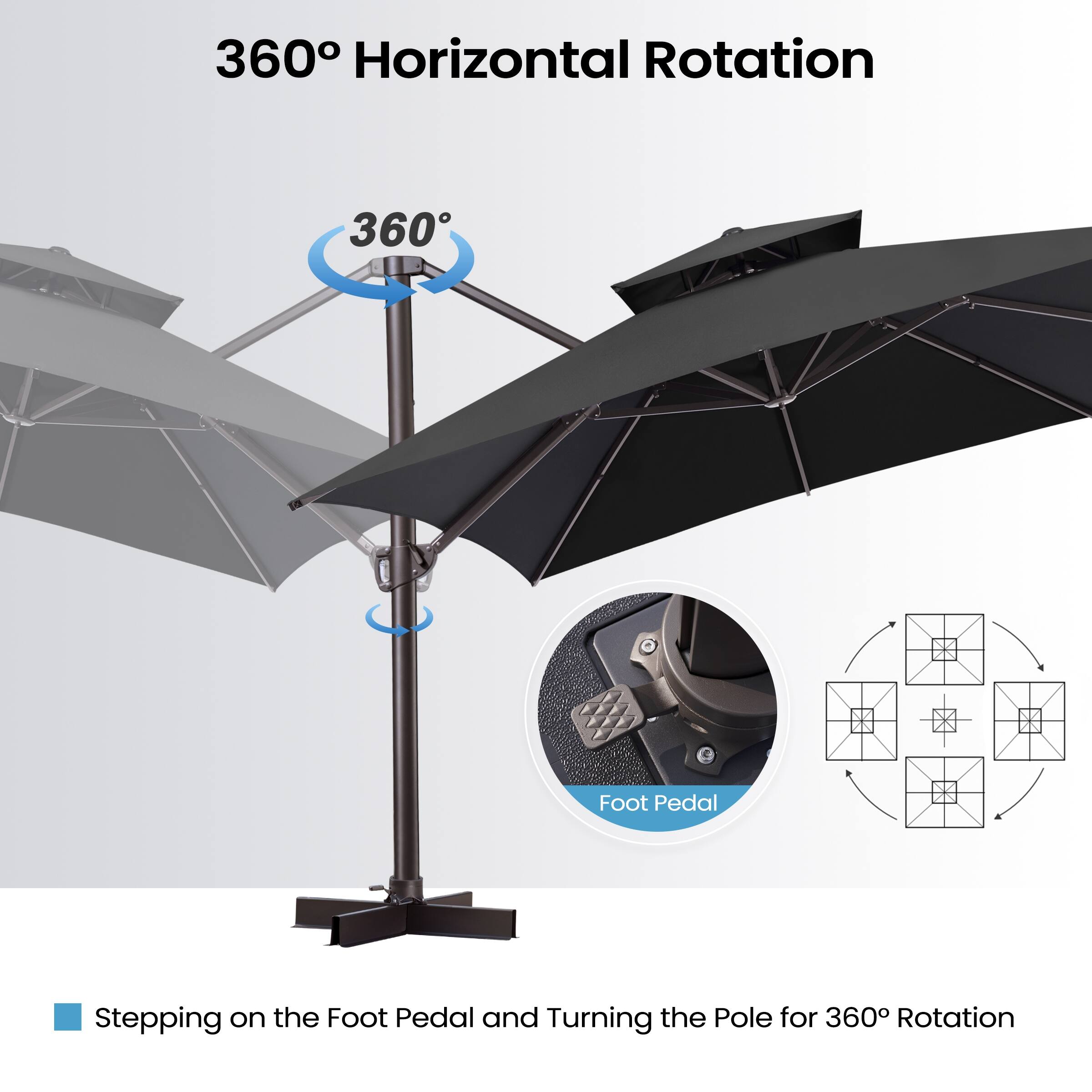 360° Horizontal Rotation

Stepping on the Foot Pedal and Turning the Pole for 360° Rotation

Foot Pedal