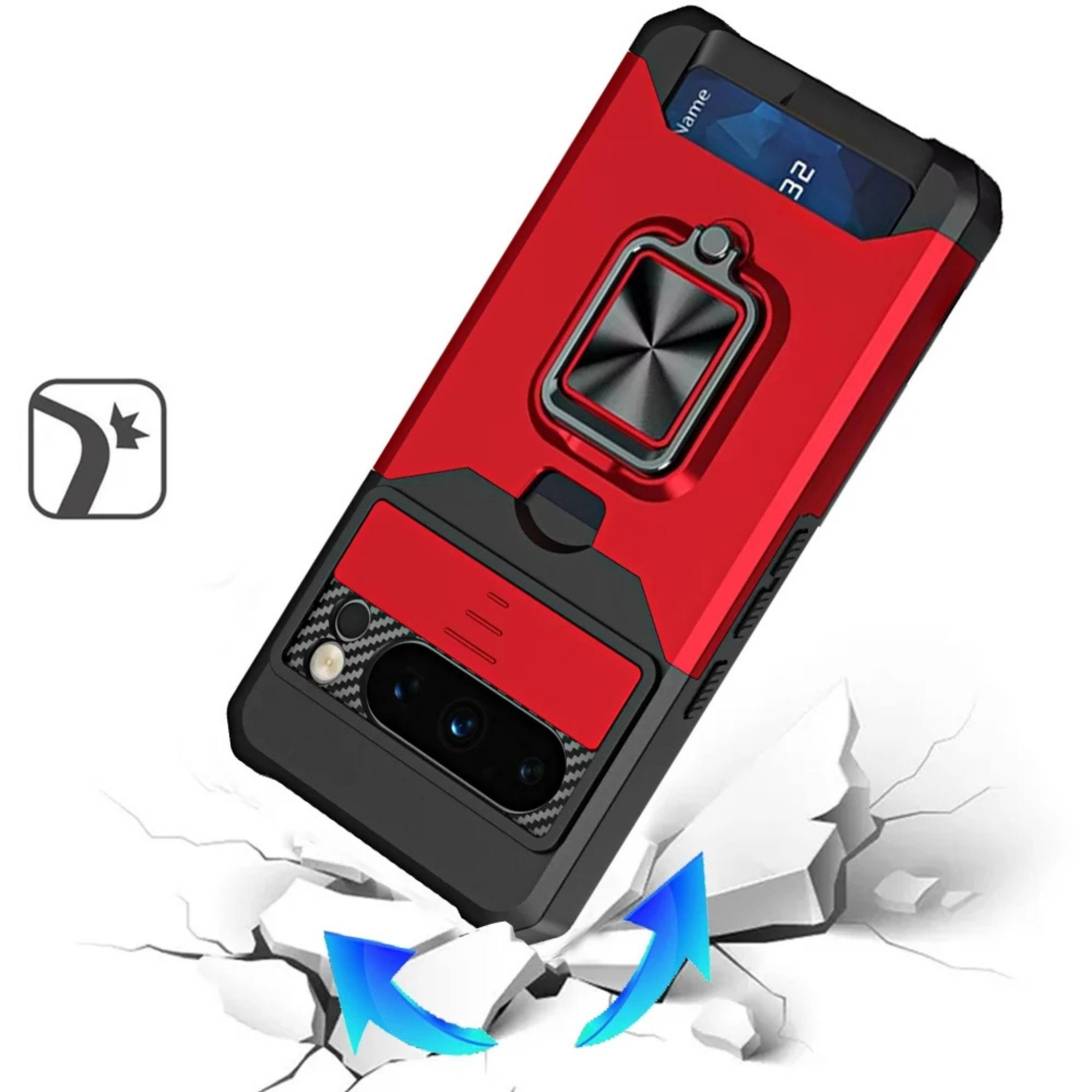 Angle. Kitcheniva - Rugged Magnetic Ring Stand Phone Cover With Card Holder And Lens Protection For Google Pixel 11 Pro XL Red - Red.