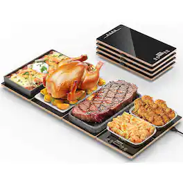 FEPPO - 4-in-1 Electric Warming Tray, 33 x 15 Inch Glass Buffet Food Warmer, 10 Temperature Settings & Timer for Parties - Black&gold