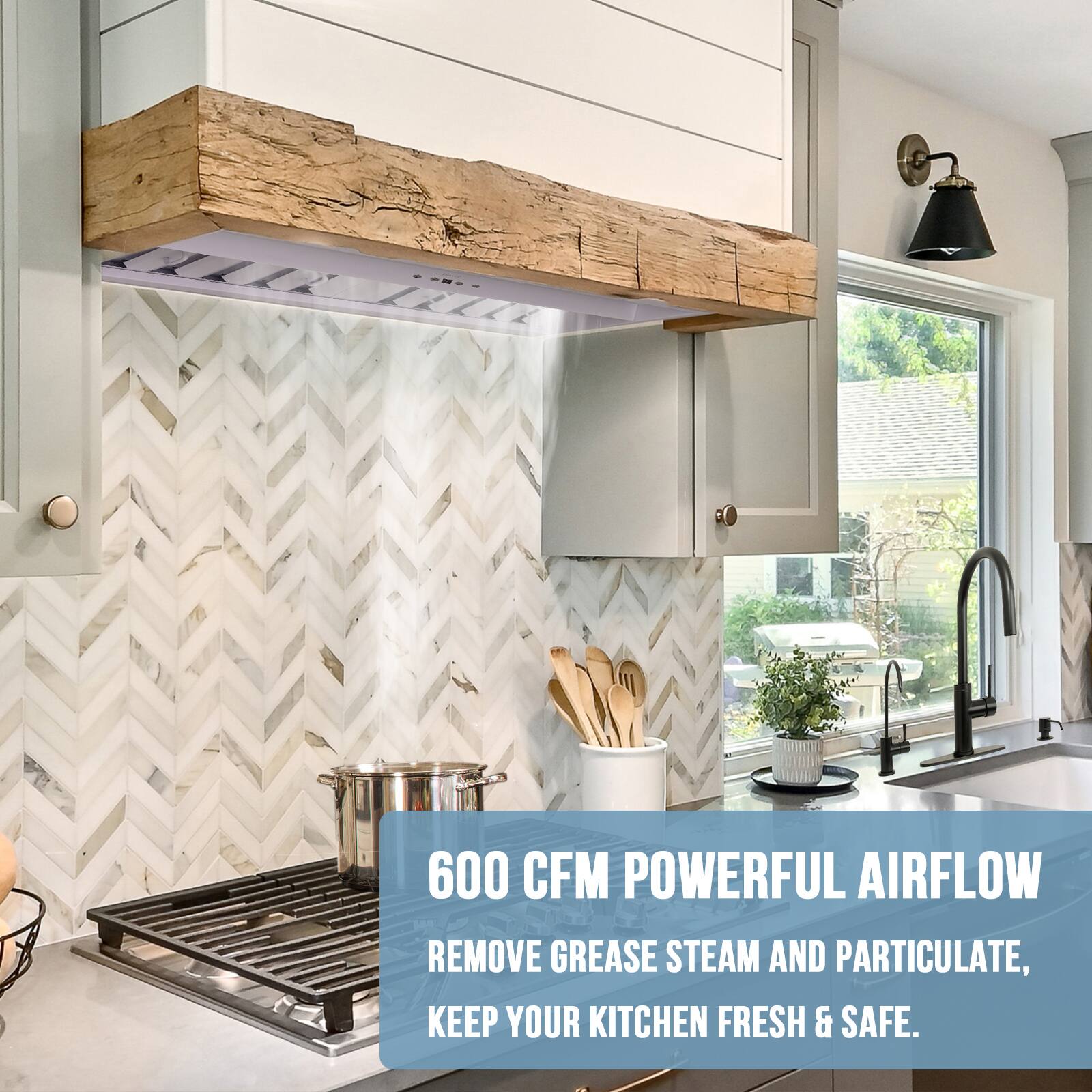 600 CFM POWERFUL AIRFLOW REMOVE GREASE STEAM AND PARTICULATE, KEEP YOUR KITCHEN FRESH & SAFE.