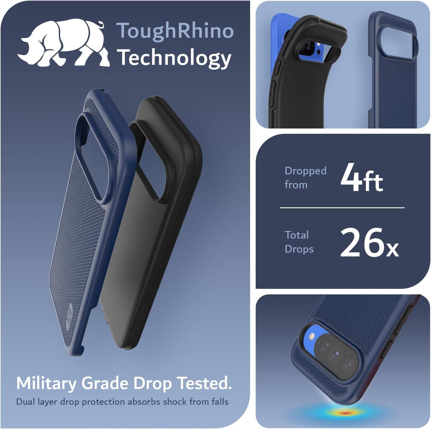 ToughRhino Technology

Dropped from 4ft  
Total Drops 26x

Military Grade Drop Tested.  
Dual layer drop protection absorbs shock from falls