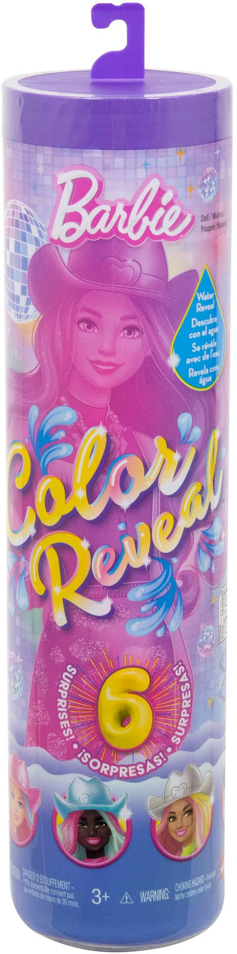 The text on the image reads: "Barbie Poupee Dol Maoba Boe Water Reveal Descubre con el So rral de avec Revela cn dgue Reveal SURPRISES! 6 SURPRESAST ISORPRESASI DARGER ETOUFFEMENT- 2 convert DaS 3+ mors de 36 mois. CHNG- WARNING: 1. Pour les enfants de 36 mois et plus. 2. Ne pas ingérer. 3. Ne pas utiliser comme bain ou comme douche. 4. Ne pas utiliser avec des appareils électroniques ou des dispositifs de communication. 5. Ne pas utiliser avec des animaux. 6. Ne pas utiliser avec des produits contenant des substances chimiques. 7. Ne pas utiliser avec des produits contenant des substances allergènes. 8. Ne pas utiliser avec des produits contenant des substances sensibles à la peau. 9. Ne pas utiliser avec des produits contenant des substances sensibles aux yeux. 10. Ne pas utiliser avec des produits contenant des substances sensibles à l'appareil respiratoire. 11. Ne pas utiliser avec des produits contenant des substances sensibles à l'appareil digestif. 12. Ne pas utiliser avec des produits contenant des substances sensibles à l'appareil urinaire. 13. Ne pas utiliser avec des produits contenant des substances sensibles à l'appareil reproducteur. 14. Ne pas utiliser avec des produits contenant des substances sensibles à l'appareil circulatoire. 15. Ne pas utiliser avec des produits contenant des substances sensibles à l'appareil musculaire. 16. Ne pas utiliser avec des produits contenant des substances sensibles à l'appareil nerveux. 17. Ne pas utiliser avec des produits contenant des substances sensibles à l'appareil endocrinien. 18. Ne pas utiliser avec des produits contenant des substances sensibles à l'appareil immunitaire. 19