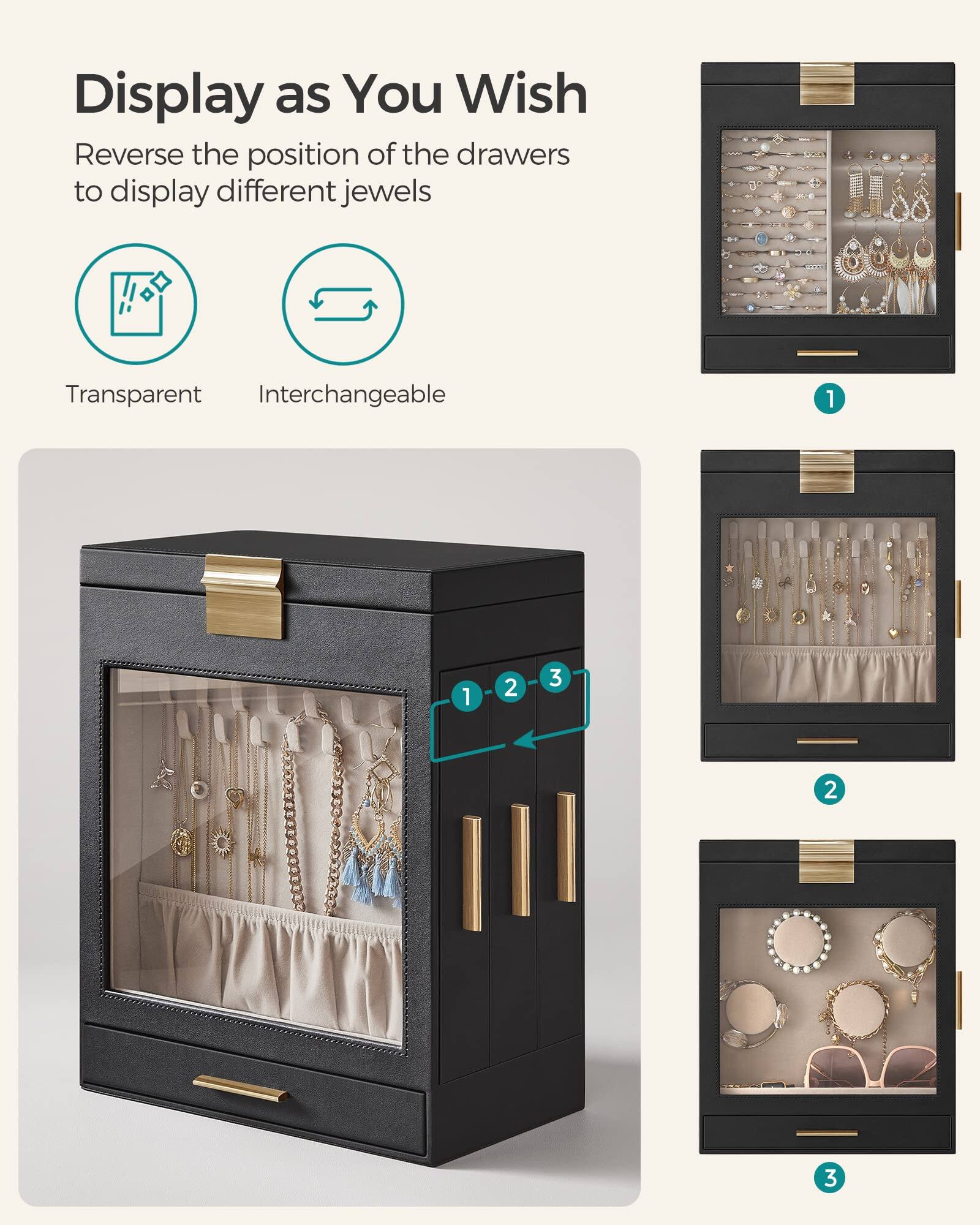 Display as You Wish

Reverse the position of the drawers to display different jewels

Transparent Interchangeable

1. Reverse the position of the drawers to display different jewels
2. Transparent
3. Interchangeable