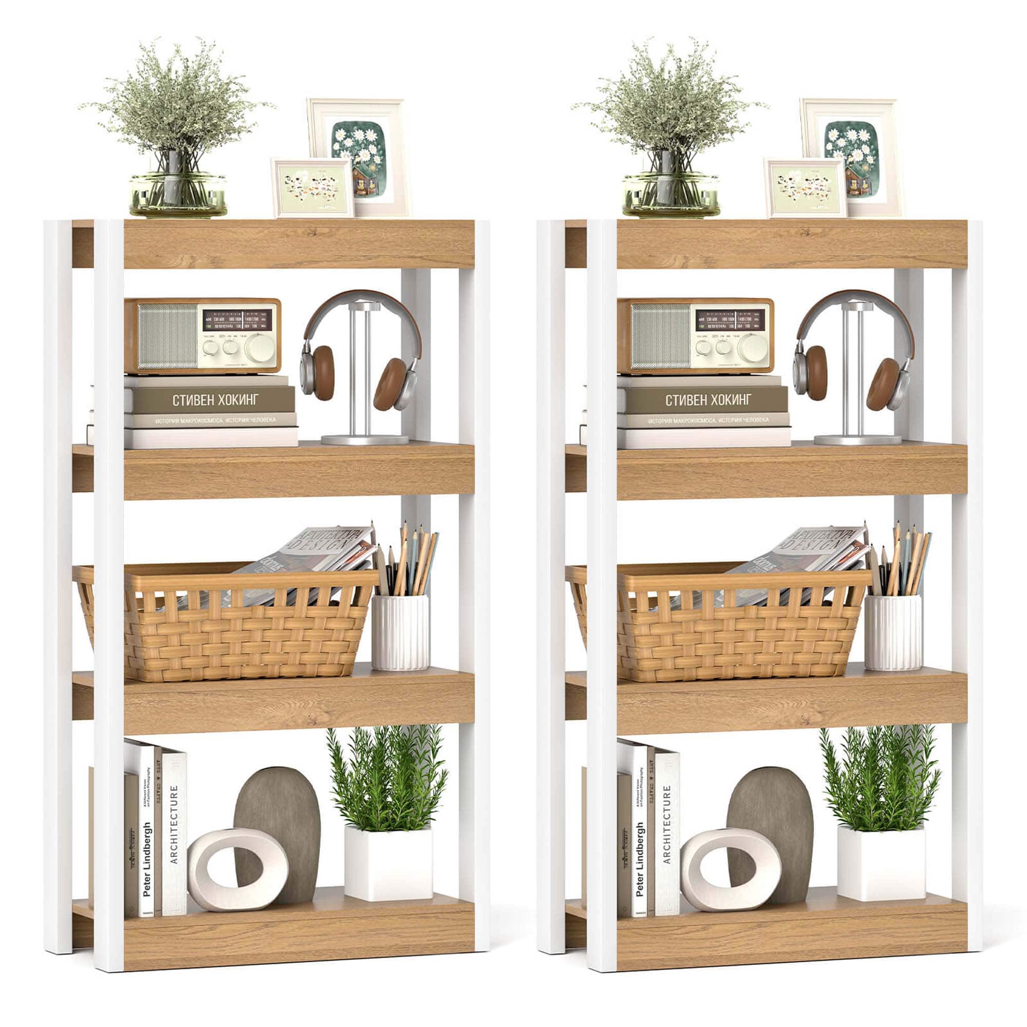 Costway - 2 PCS 4 Tier Bookshelf Wooden Bookcase with Dual Anti-Tipping Kits Open Shelving Unit - Natural,White