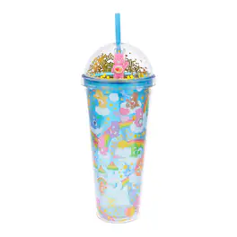 Silver Buffalo - Care Bears Rainbows 24-Ounce Confetti Carnival Cup With Dome Lid and Straw - Blue