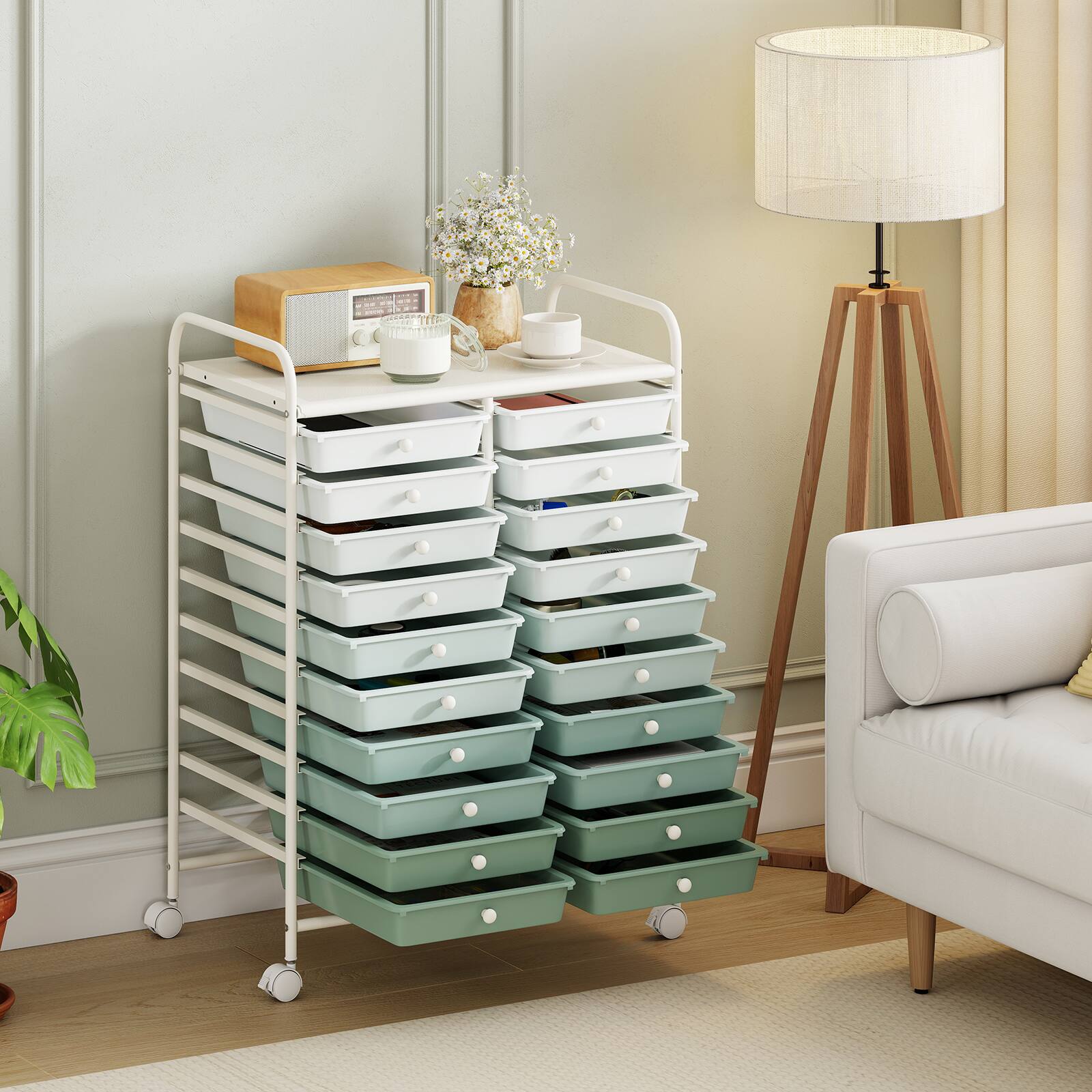 Alt View 1. Costway - Costway 20-Drawer Rolling Art & Craft Storage Cart with Removable Drawers & Metal Frame,Lockable Wheels - Gradient Green.