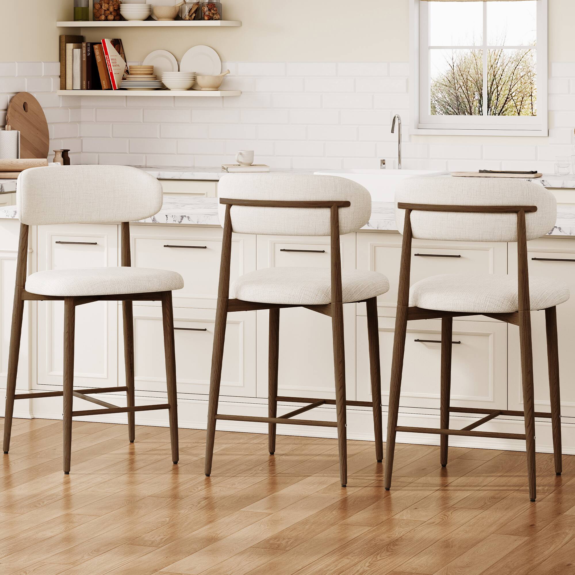 Left. Whisen - Modern Counter Height Bar Stools Set of 4, Upholstered Chairs with Metal Legs for Kitchen Island - Walnut-grain.