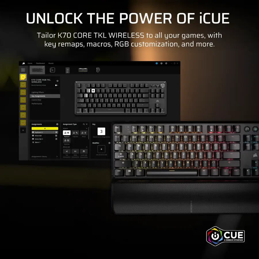 UNLOCK THE POWER OF CUE Tailor 70 CORE TKL WIRELESS to all your games, with key remaps, macros, RGB customization, and more.