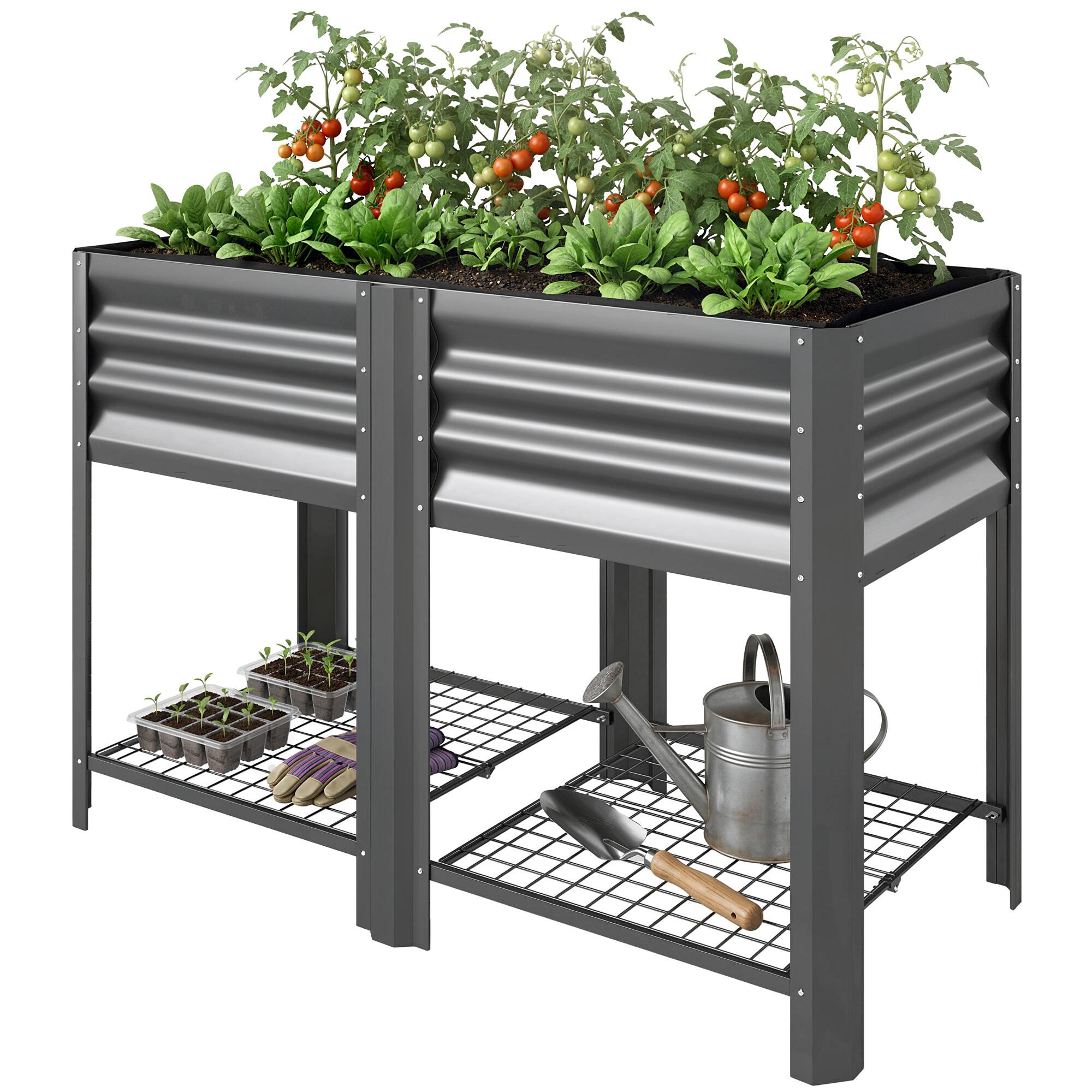 Front. Outsunny - Garden Bed Galvanized Steel, Elevated Planter Box with Storage Shelf, Bed Liner, 31.5" High - Dark Gray.