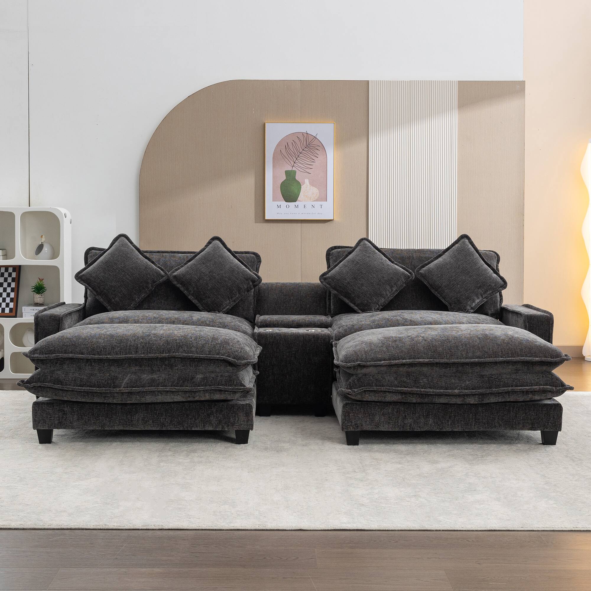 Angle. Whisen - 111" Chenille Sectional Sofa with Ottomans and Large Storage Box for Living Room - Gray.