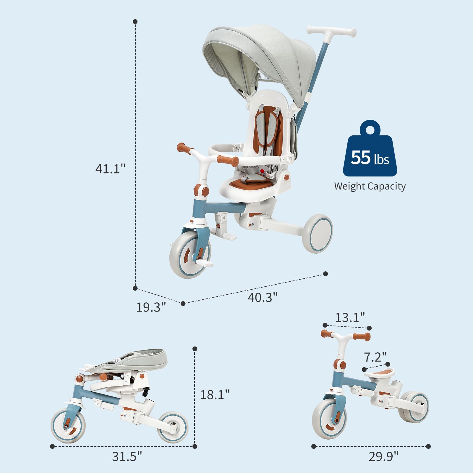 55 lbs Weight Capacity  
41.1"  
19.3"  
40.3"  
13.1"  
7.2"  
31.5"  
18.1"  
29.9"