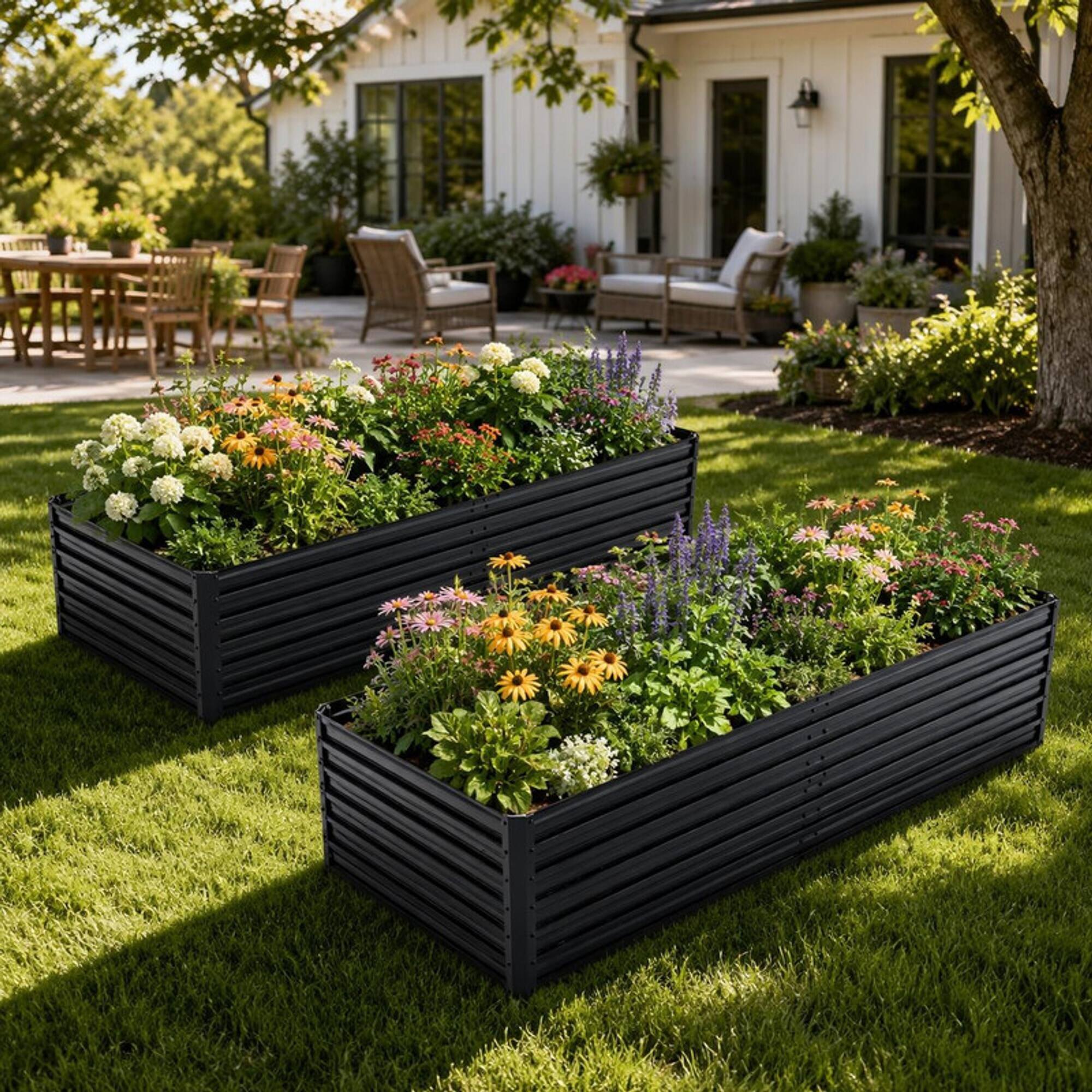 Angle. RYHNUYNE - 2 Pack Metal Raised Garden Bed Kit 8x4x2 FT Galvanized Steel Planter Boxes for Vegetables Flowers Herbs Outdoor - Black.