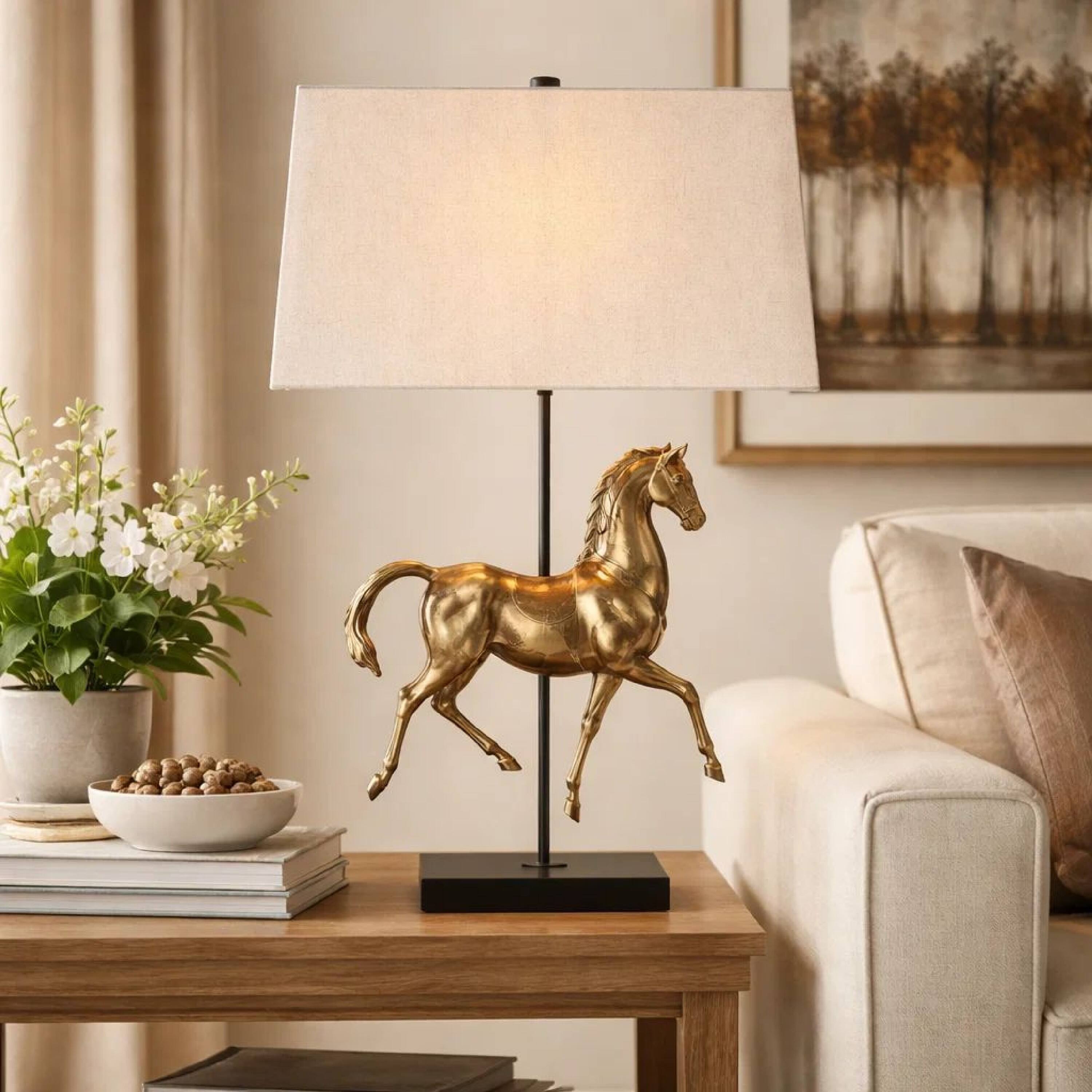 Alt View 4. Manhattan Lane - Horse Sculpture Table Lamp, Linen Shade, 29 Inch Iron - Brown, Beige, Black.
