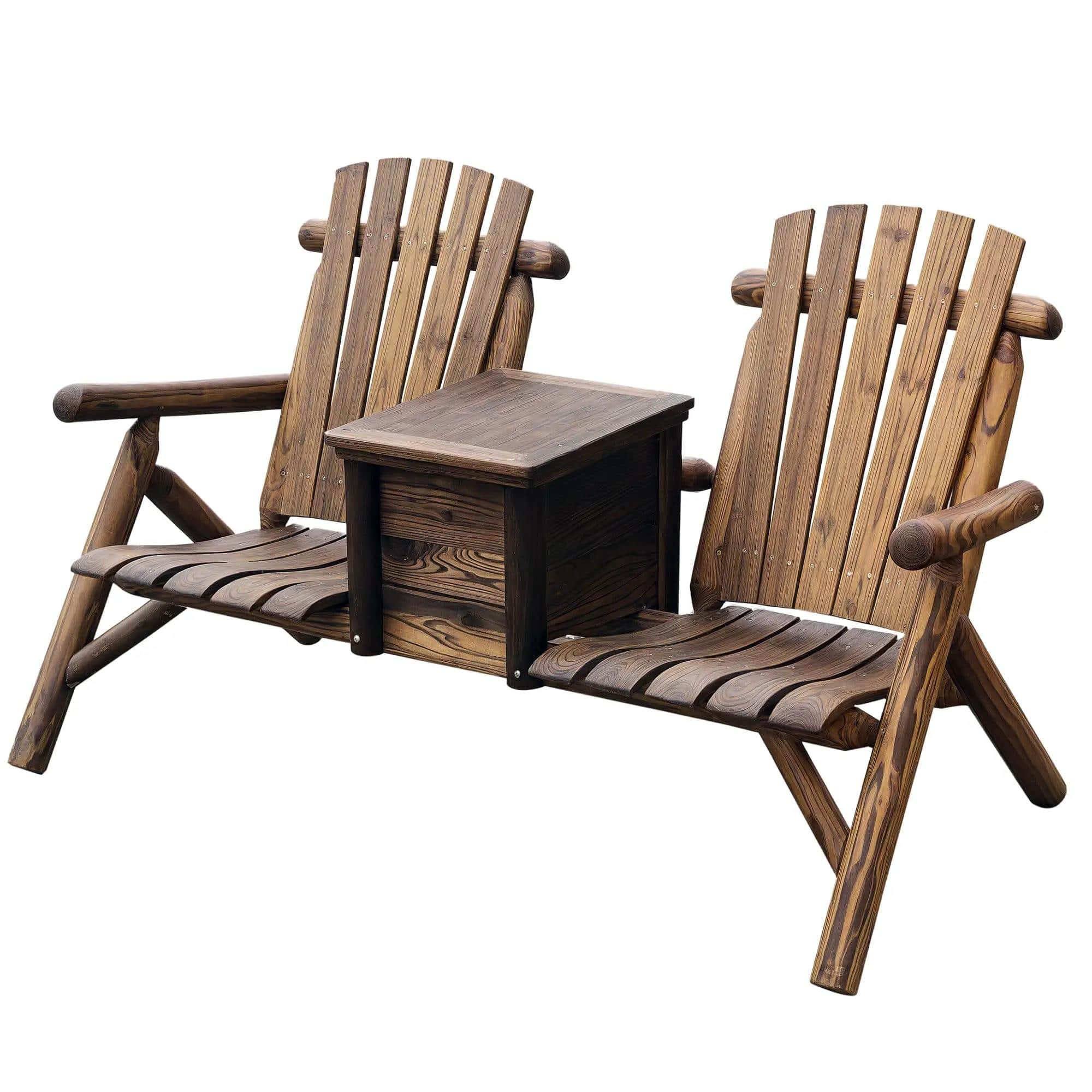 Resenkos - Dual Wooden Adirondack Seating, High-Back Loveseat with Ice Bucket, Smooth Armrest - Rustic Brown