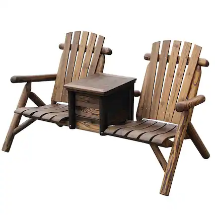 Front. Resenkos - Resenkos Dual Wooden Adirondack Seating, High-Back Loveseat with Ice Bucket, Smooth Armrest, Rustic Brown - Rustic Brown.