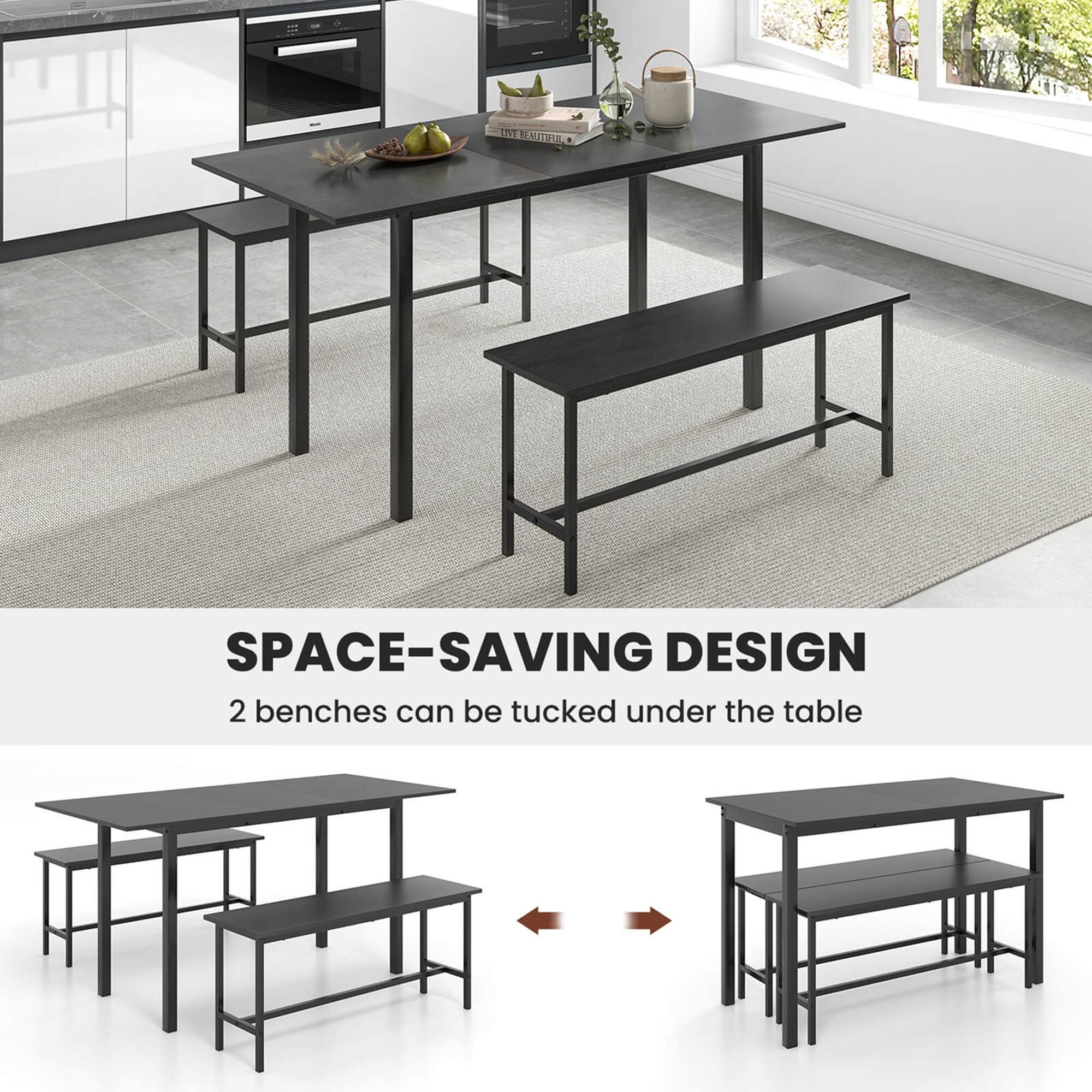 Space-Saving Design: 2 benches can be tucked under the table.