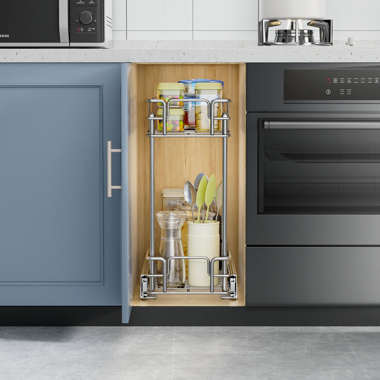 Back. LOVMOR - 2 Tier Pull Out Spice Rack for Narrow Cabinet (5½in W X 21½in D) Slide Out Cabinet Organizer and Pull Out Shelves - Silver.